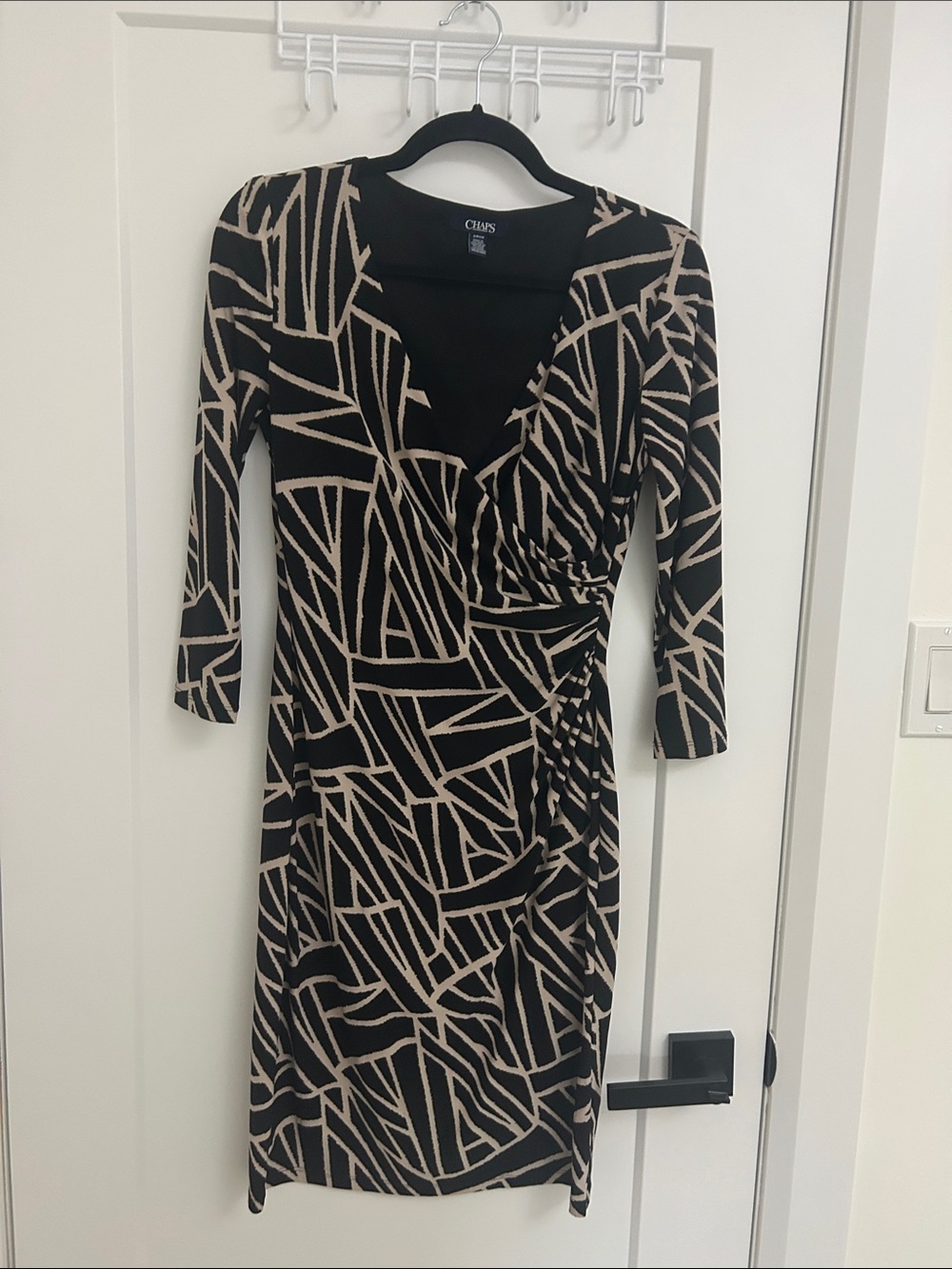 Chaps Black and Beige Geometric Midi Wrap Dress